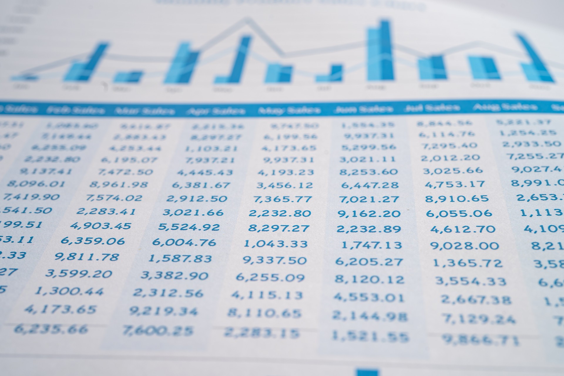 Spreadsheet paper with graph. Bookkeeping, sales taxes, Account, balance sheet, income statement, Analytic research small business data economy, Monthly reporting and financial statement, general ledger